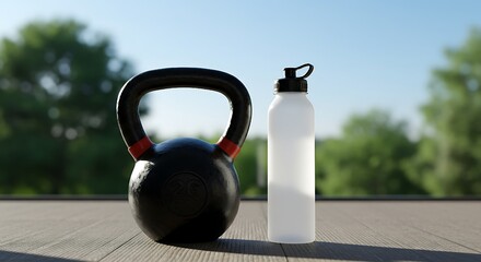 Ready for a workout: a kettlebell and water bottle resting on a wooden surface in natural light