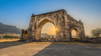 Ancient stone archway ruins during a beautiful sunset