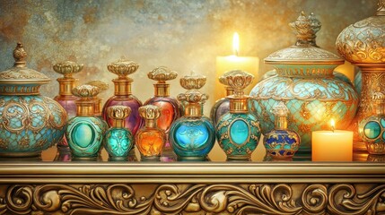 Antique Perfume Bottles Displayed On A Mirrored Shelf with Candle