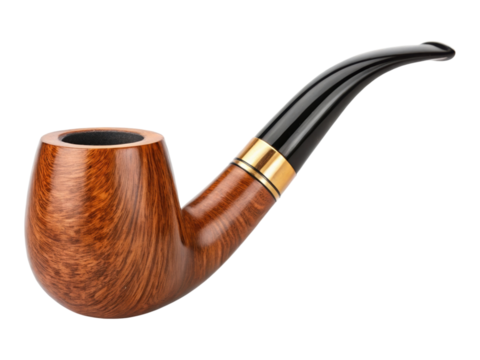 Classic Wooden Smoking Pipe with Gold Band Detail Elegant Tobacco Accessory Brown Grain Isolated