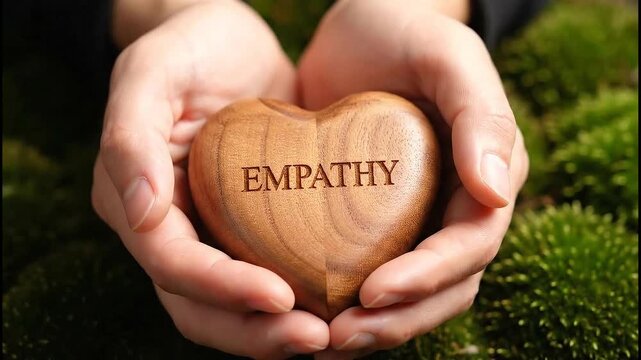 Hands holding wooden heart with empathy word symbol.