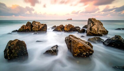 Ocean sunset scene with rocky foreground