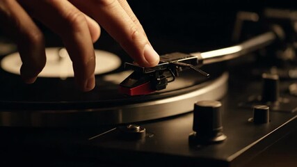 A hand carefully positions a needle on a spinning vinyl record, filling the room with rich, nostalgic sounds. The warmth of analog music creates a cozy atmosphere.