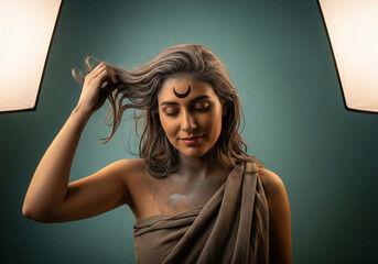 Ash smeared destroyer deity in studio portrait with crescent moon on forehead, muted linen wrap, teal background, and warm dual soft panel lighting