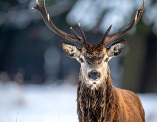 Majestic red deer in winter snow