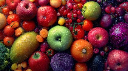 A vibrant background filled with an artistic spread of assorted fruits and vegetables, arranged in gradient color patterns, glistening under soft daylight, with intricate textures and fresh dew drops