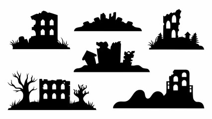 Obraz premium Spooky Halloween night silhouettes, ancient ruins and creepy old buildings for scary themed designs and concepts