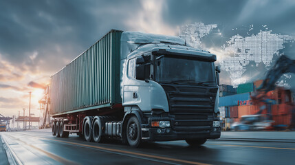 Smart Innovation connection cyber security Container truck in ship port for business Logistics transportation of Container Cargo ship Cargo plane with working crane bridge in shipyard at Twiligh