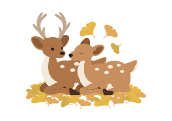 イチョウの葉の上で寄り添う鹿のかわいいベクターイラスト素材