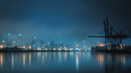 Fototapeta premium Smart Innovation connection cyber security Container truck in ship port for business Logistics transportation of Container Cargo ship Cargo plane with working crane bridge in shipyard at Twiligh