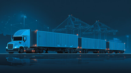 Smart Innovation connection cyber security Container truck in ship port for business Logistics transportation of Container Cargo ship Cargo plane with working crane bridge in shipyard at Twiligh