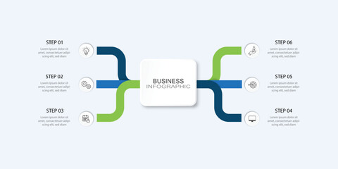 Modern business process infographic with 6 step and color flow design. for business presentation, process diagram, workflow, timeline, or marketing strategy visualization.
