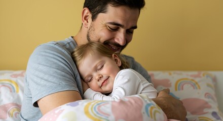 Affectionate father holding his sleeping toddler daughter in bed. Adorable child napping in her dad's arms. Fatherhood and family love concept