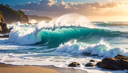 Ocean wave cresting over beach at sunrise