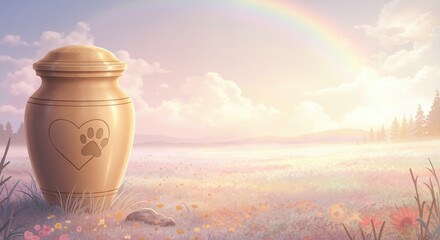 Pet memorial urn with paw print in field of wildflowers. Sympathy background for loss of beloved animal with rainbow in sky