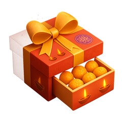 Festive red gift box with oranges and candles