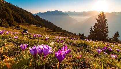 Obraz premium Sunny mountain landscape with purple flowers in foreground