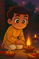 Young boy in traditional indian attire lighting a diya during diwali celebration