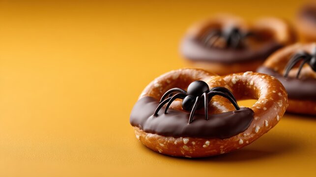 Close-up of chocolate-coated pretzels with black edible decorations on a warm yellow background, displaying detailed textures and shiny surfaces perfect for treats and snack theme imagery