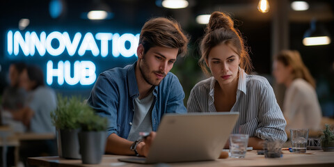 Innovative startup ecosystem growth event in urban innovation hub collaborative workspace dynamic interaction concept