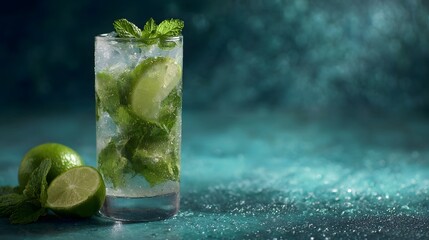 A tall glass of classic mojito cocktail filled with ice fresh mint leaves and lime slices exuding a cool refreshing summer vibe