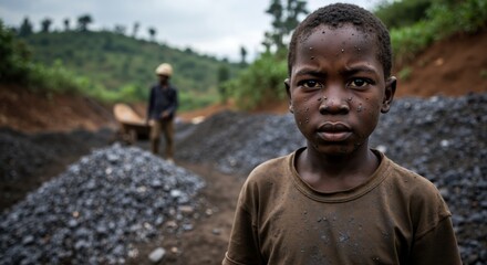 Portrait of young boy working in mine in Africa. Powerful image of child labor and poverty. Social issues and human rights concept in developing country
