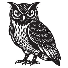 Fototapeta premium Detailed black and white illustration of an owl perched, isolated on white background the owls feathers and eyes are intricately designed, showcasing its wisdom and nocturnal nature