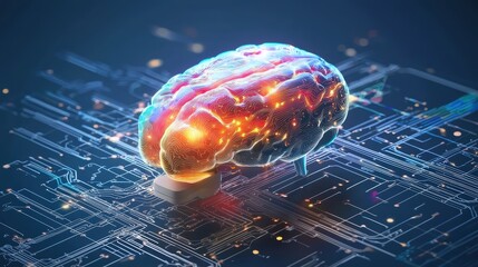 Futuristic brain with circuitry and glowing lights.