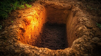 Obraz premium An overhead view of a freshly dug grave in natural sunlight