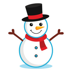 A cheerful snowman illustration wearing a hat and red scarf happily poses