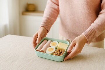 Obraz premium motherТs hands placing mint lunch box with healthy snacks on linen table in soft window light, concept of family care and morning preparation for childrenТs nutrition