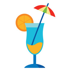 A colorful summer cocktail with an orange slice and umbrella