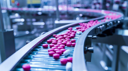 Pharmaceutical production line with pink pills on a conveyor belt automated manufacturing process for medicine healthcare industry