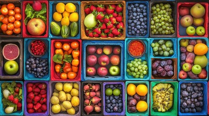 An overhead view of colorful fruits and vegetables in crates