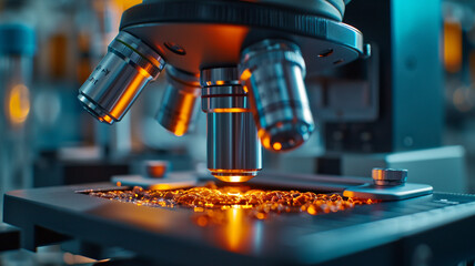 Close-up of a modern microscope illuminating a sample ideal for scientific research and laboratory applications