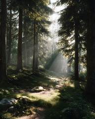 Obraz premium Sunlight Streaming Through Trees in Peaceful Forest Path