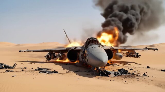 Military Jet Crash in Desert with Intense Flames and Smoke.