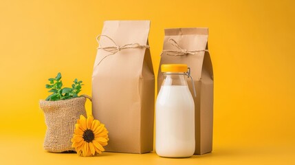 Milk and decorations on a bright yellow background.