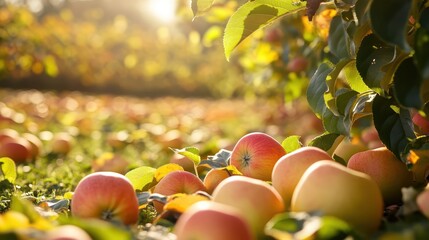 Apples scattered on the ground with bright sunshine through trees
