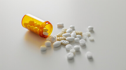 Pills spilling from a prescription bottle various shapes and colors representing medication and healthcare