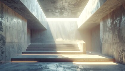A modern architectural interior. Light streams in from above, illuminating a set of stairs inside a concrete structure. Soft light creates shadows