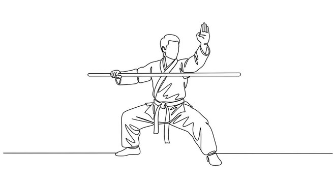 Martial Artist in Dynamic Stance with Staff - Focused Single Line Art.