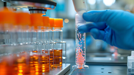 Scientist holding a test tube with orange liquid and pink spheres conducting research in a laboratory for pharmaceutical development