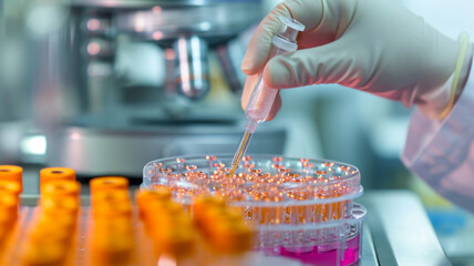 Scientist working with cell culture in petri dish conducting research in a laboratory using pipette for scientific experiment