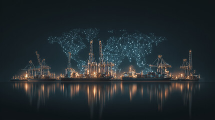 Fototapeta premium Smart Innovation connection cyber security Container truck in ship port for business Logistics transportation of Container Cargo ship Cargo plane with working crane bridge in shipyard at Twilight