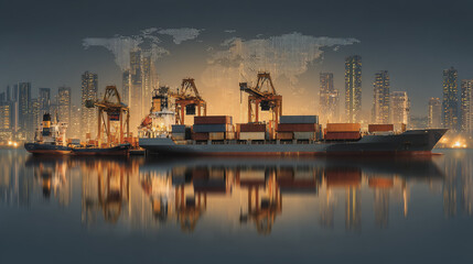 Smart Innovation connection cyber security Container truck in ship port for business Logistics transportation of Container Cargo ship Cargo plane with working crane bridge in shipyard at Twilight