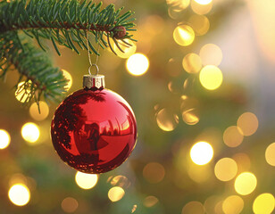 Red christmas ornament hanging on a fir tree branch with blurred lights in the background.