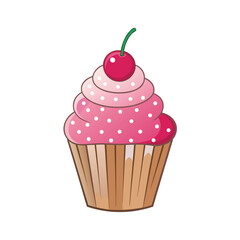 A delightful pink cupcake with a single cherry on top illustration