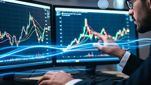 A man with glasses analyzes financial data charts on dual computer monitors, pointing at one