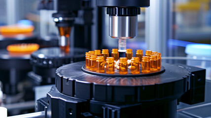 Pharmaceutical manufacturing process with robotic arm filling medicine bottles automated production line in a modern factory precision and efficiency